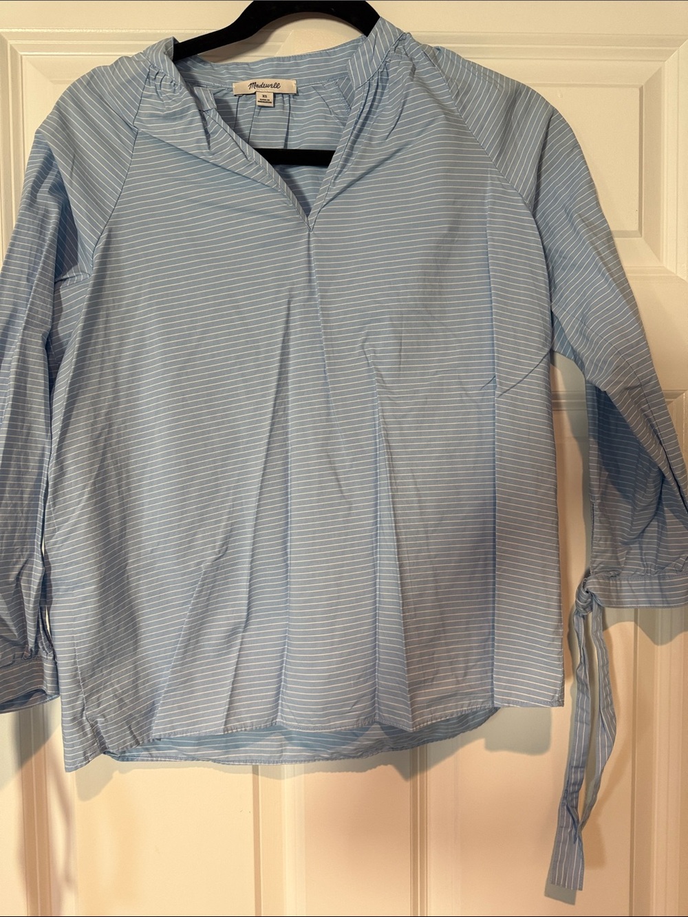 Madewell Light Blue Pinstripe Tie-Sleeve Blouse